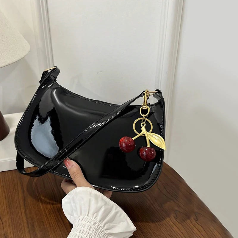 Cherry Charm Patent Leather Shoulder Bag for Women | Y2K Crescent Hobo Bag | Glossy Crossbody Purse | Cute Retro Handbag