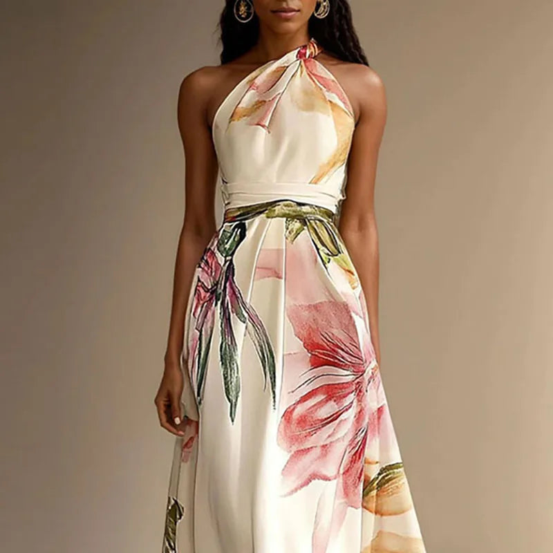 Floral Halter Neck Maxi Dress Women | A Line Elegant Summer Occasion Dress
