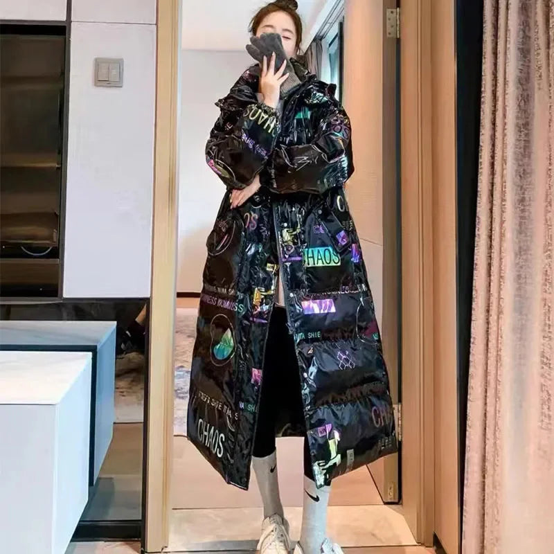 Women’s Black Oversized Graphic Puffer Coat | Long Hooded Quilted Winter Jacket with Streetwear Print for Cold Weather & Casual Wear