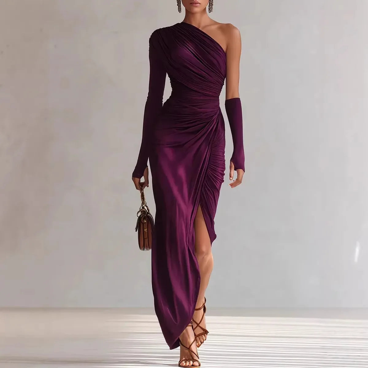 Women’s Burgundy One Shoulder Satin Maxi Dress | Ruched Asymmetrical Evening Gown with Long Sleeve for Weddings, Galas & Formal Events