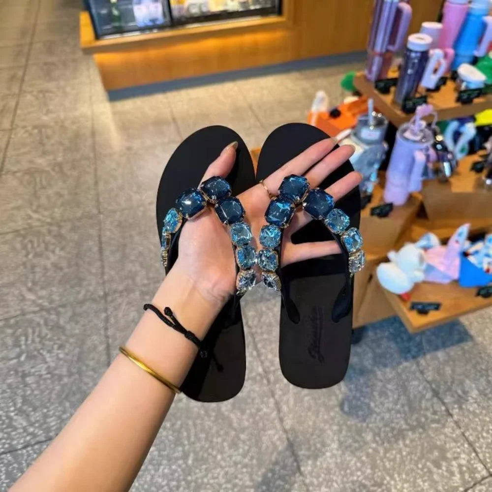 Women’s Blue Crystal Embellished Flip Flops – Luxury Rhinestone Thong Sandals for Beach, Vacation & Casual Summer Wear