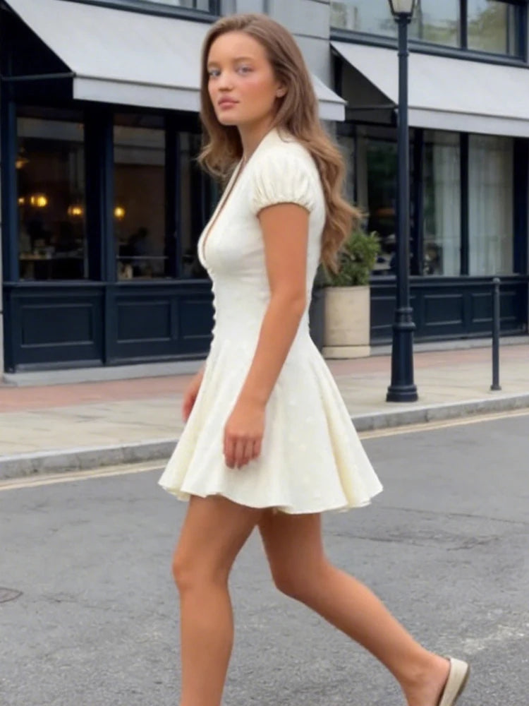 Women’s Ivory Vintage Fit & Flare Mini Dress | Deep V-Neck Puff Sleeve Elegant Party Dress for Brunch, Dates & Special Occasions
