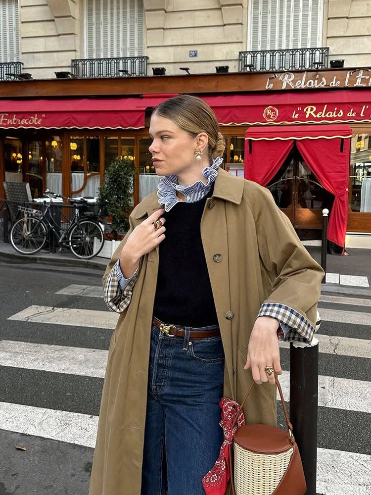 Women’s Classic Beige Trench Coat | Minimalist Long Button Front Overcoat Jacke