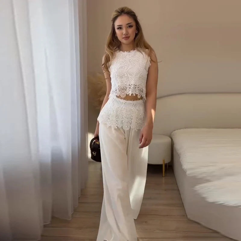 Women's Lace Peplum Top & Wide Leg Trousers Co-Ord Set | Elegant Occasion Two Piece Outfit