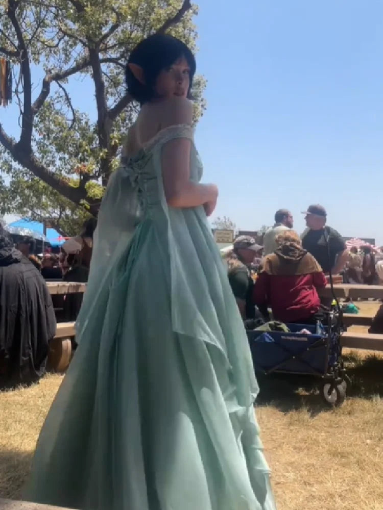 Women’s Sage Green Off Shoulder Princess Ball Gown | Corset Maxi Dress with Cape Sleeves for Prom, Renaissance Fair & Formal Events