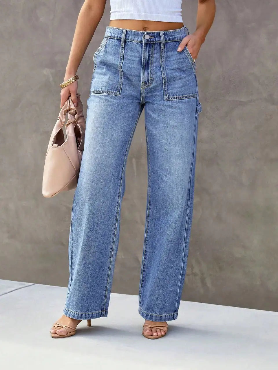 Women High Waist Straight Leg Cargo Jeans Casual Relaxed Fit Denim Pants