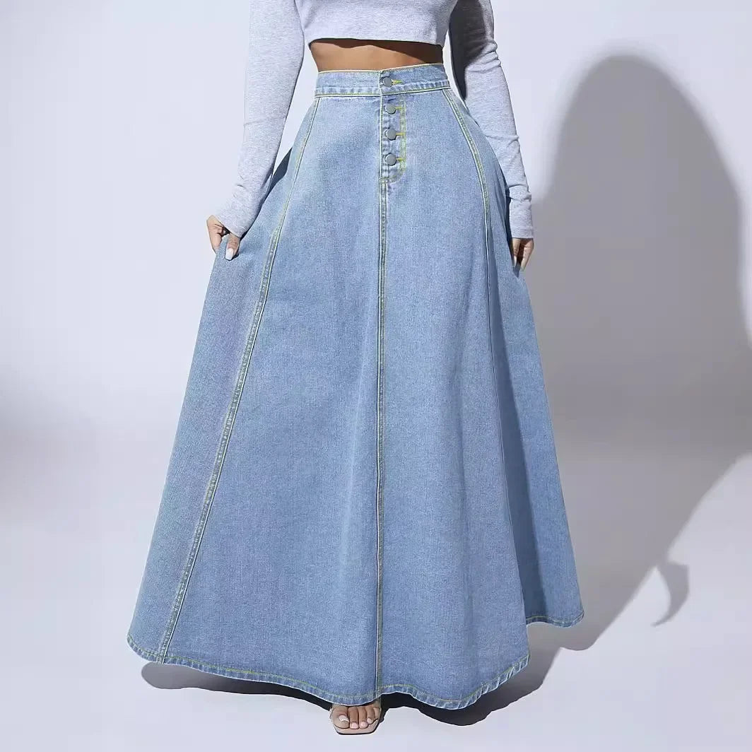 Women High Waist Denim Maxi Skirt Button Detail A Line Long Skirt