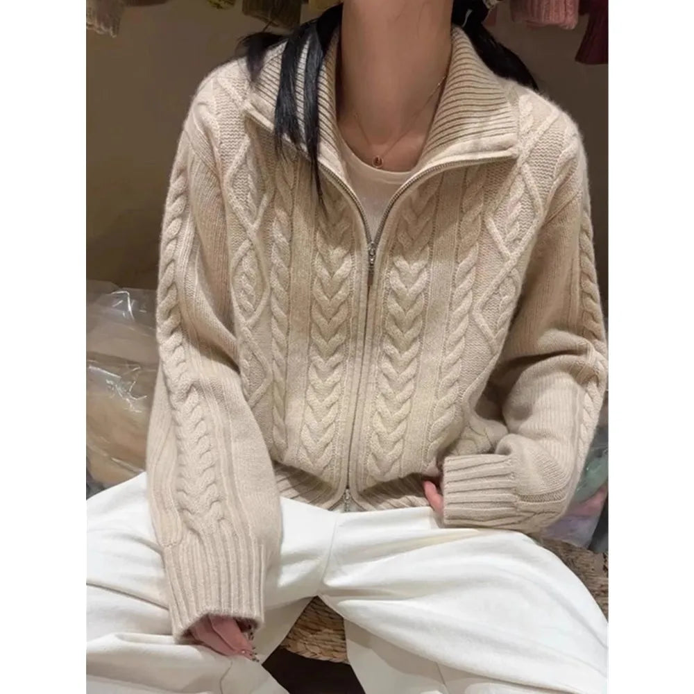 Women’s Cable Knit Zip-Up Cardigan | Oversized Cozy Mock Neck Chunky Sweater Jacket