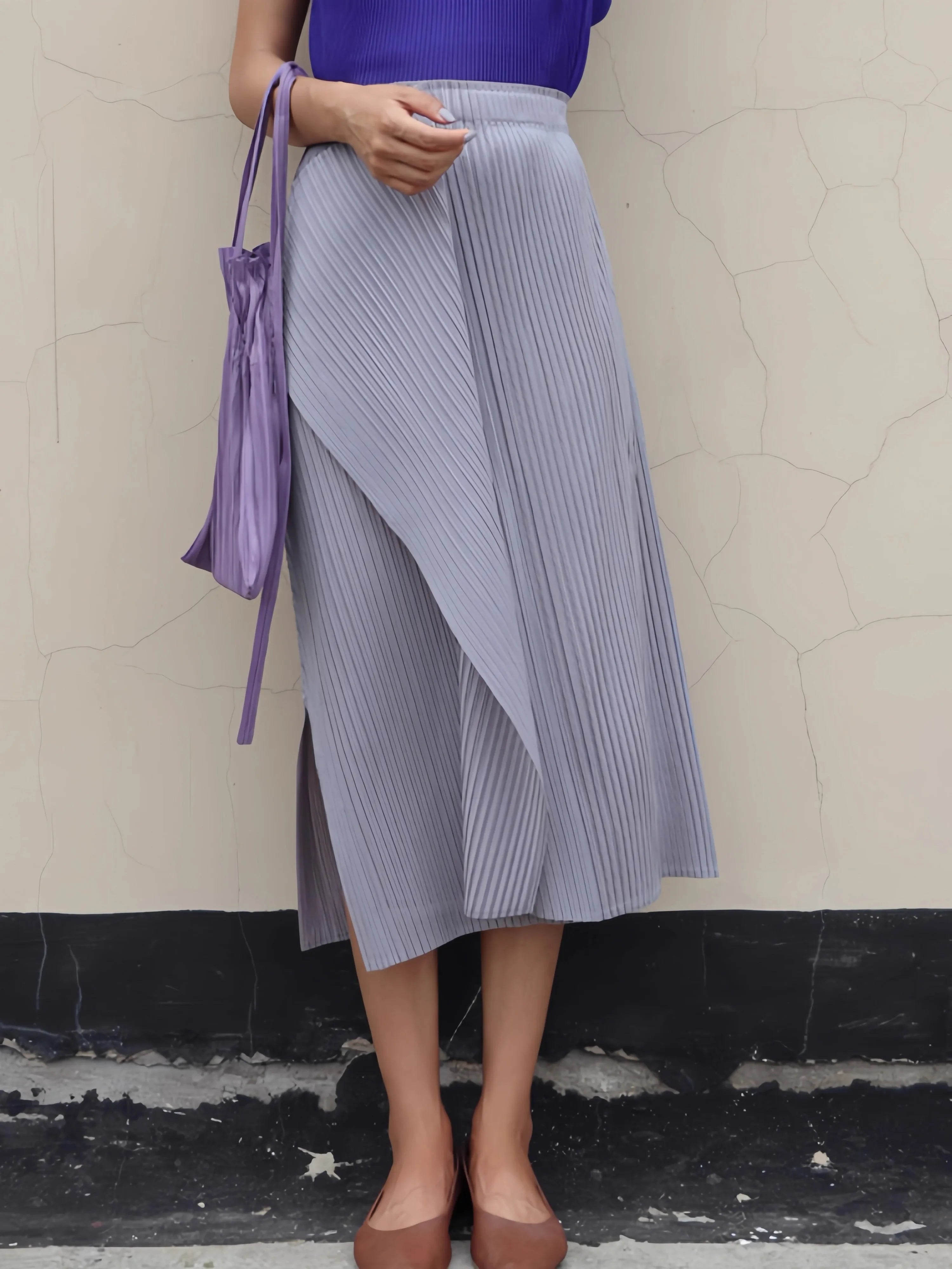 Women Pleated Midi Skirt High Waist Wrap Style Elegant Office Wear Skirt