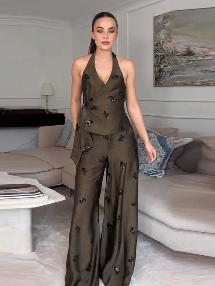 Women's Embellished Halter Waistcoat & Wide Leg Trousers Co-Ord Set | Elegant Occasion Two Piece Outfit