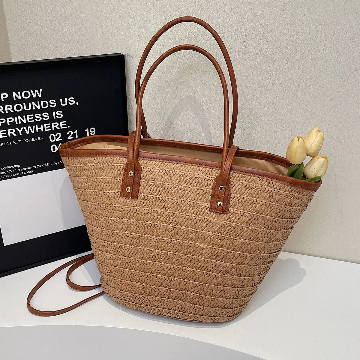 Woven Straw Tote Bag for Women | Summer Beach Shoulder Handbag | Boho Casual Shopper Purse | Large Capacity Travel Bag