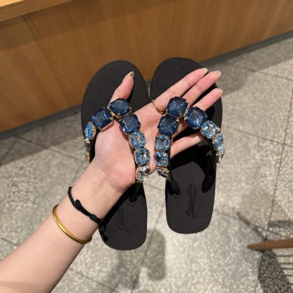 Women’s Blue Crystal Embellished Flip Flops – Luxury Rhinestone Thong Sandals for Beach, Vacation & Casual Summer Wear