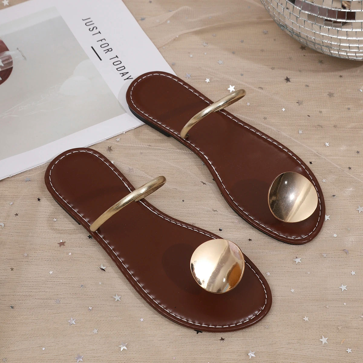 Women’s Minimalist Toe Ring Flat Sandals – Gold Metal Slip-On Summer Slides for Beach, Vacation & Casual Wear