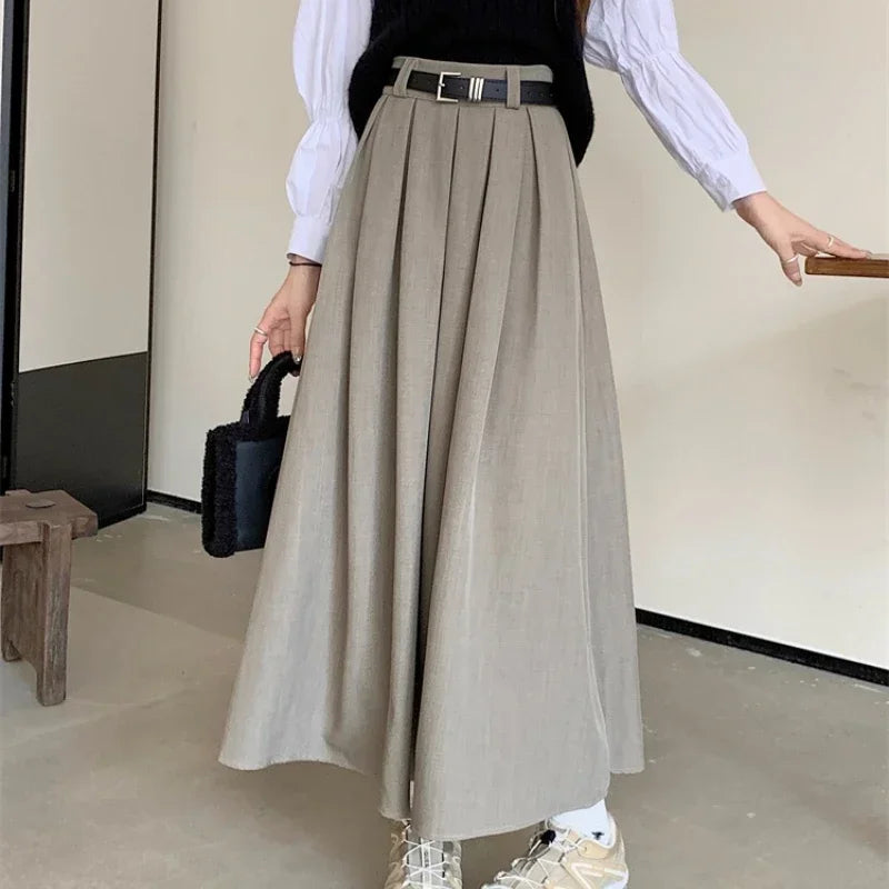 Women High Waist Pleated Maxi Skirt Elegant Flowy A Line Long Skirt