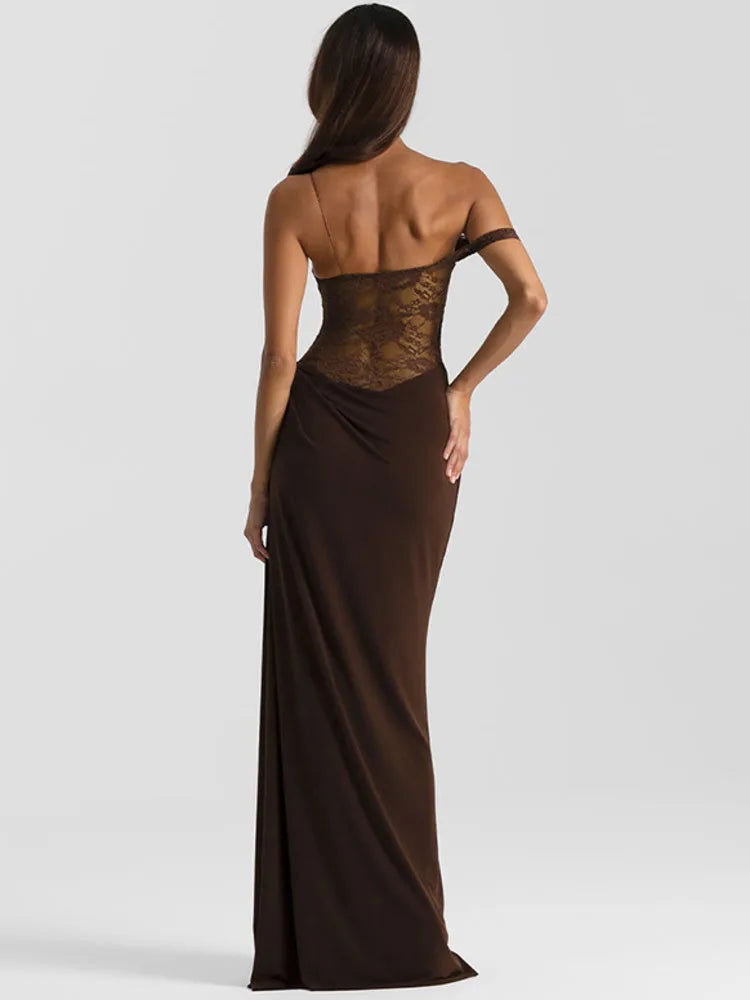 Women’s Brown Lace Mermaid Gown | Elegant Off Shoulder Evening Dress for Formal Events & Galas