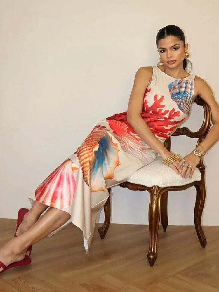 Printed Midi Bodycon Dress Women | Sleeveless Ocean Print Elegant Dress