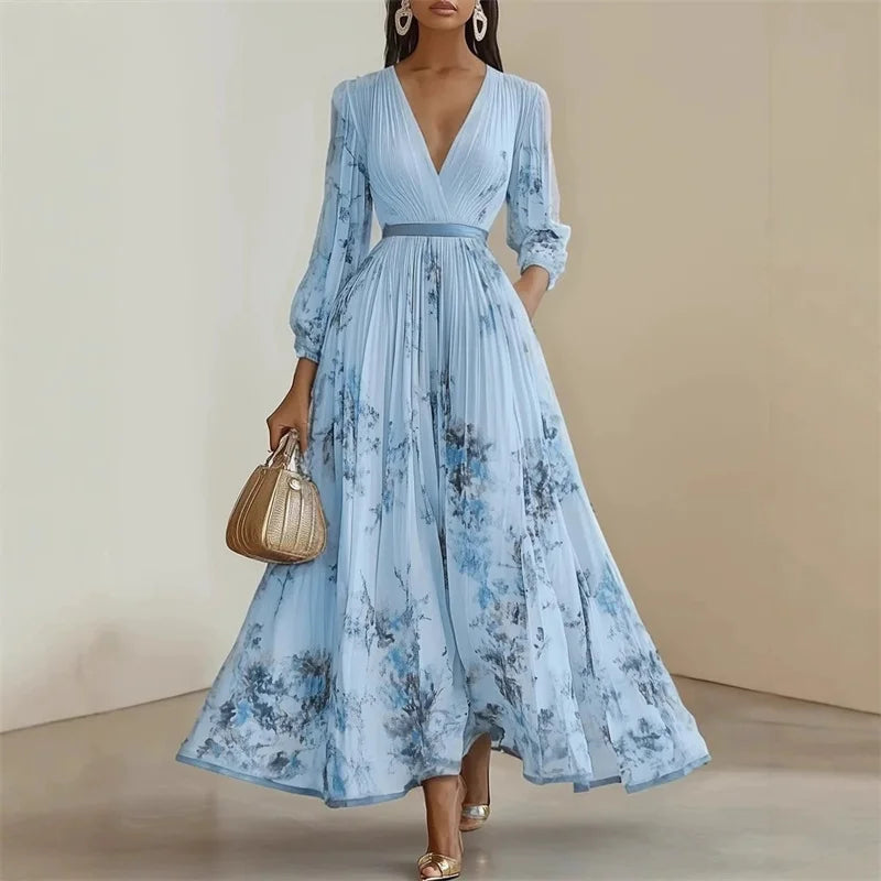 Floral Maxi Dress Women | Long Sleeve V Neck A Line Evening Dress