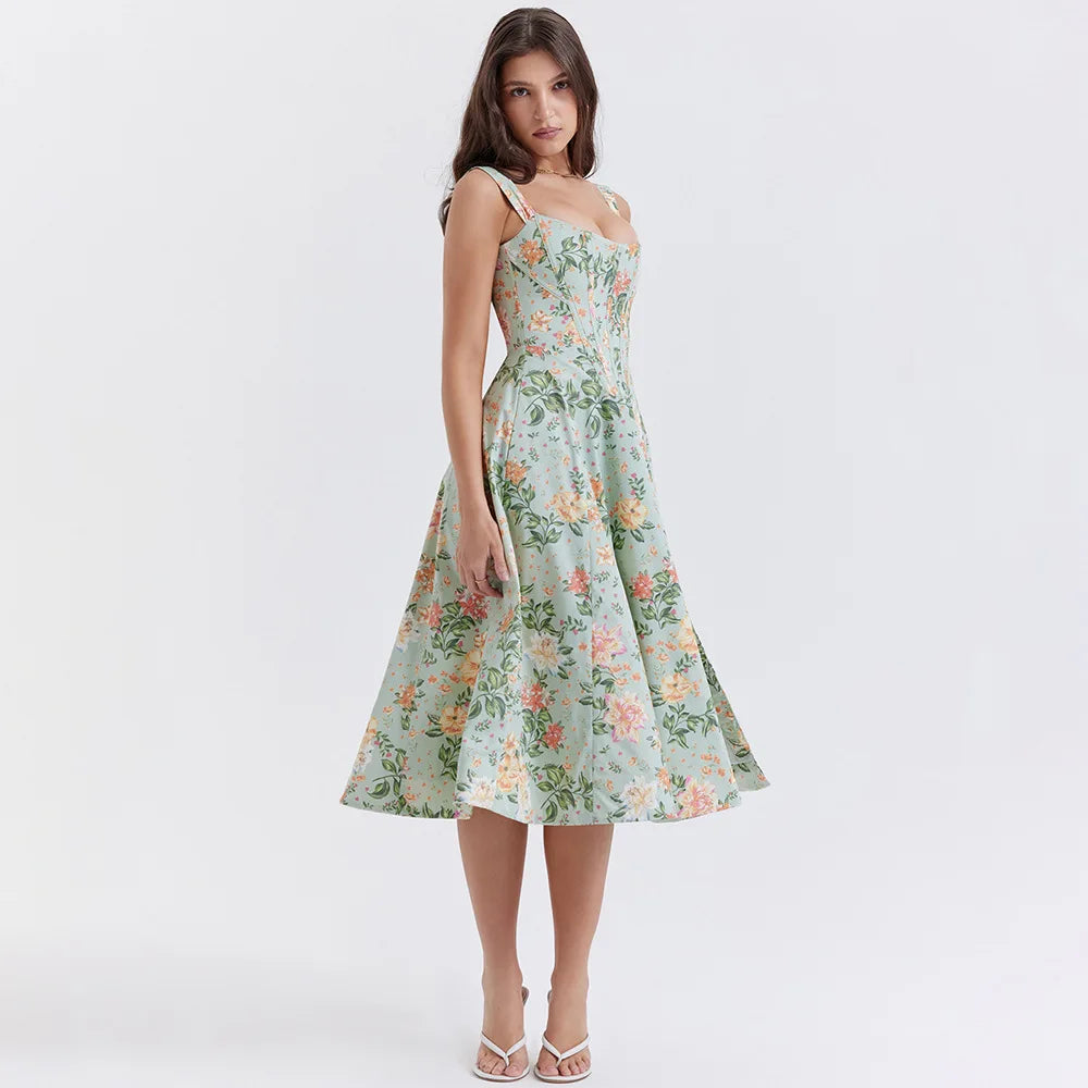 Floral Corset Midi Dress | Summer A Line Dress with Slit