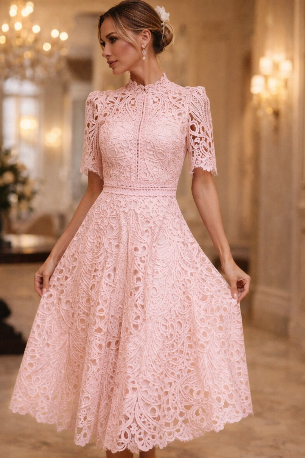 Lace Midi Dress Women | Elegant High Neck Summer Dress