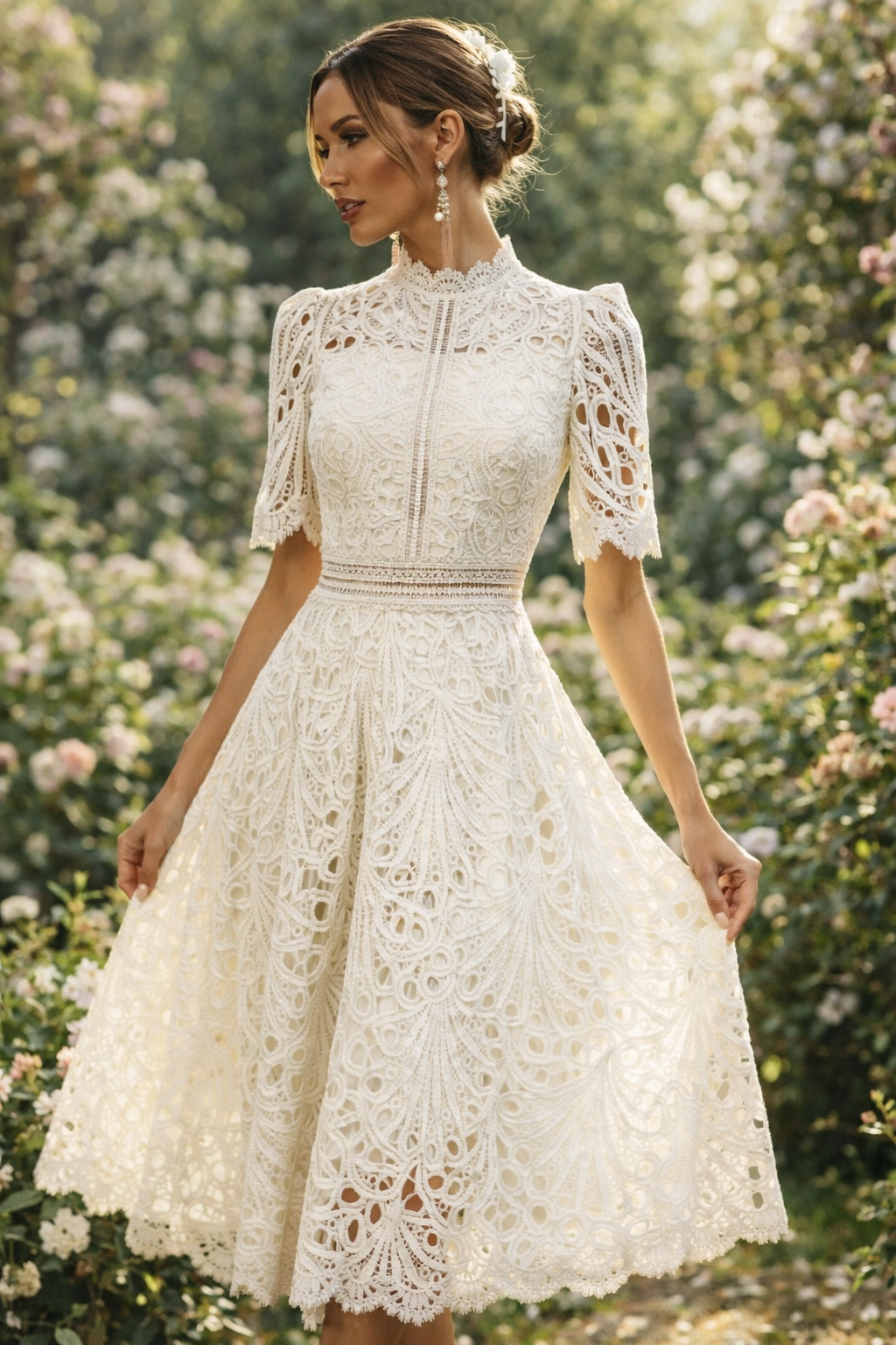 Lace Midi Dress Women | Elegant High Neck Summer Dress